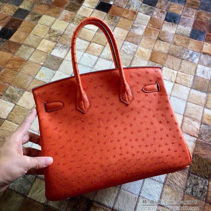 HERMES愛馬仕 鉑金包 Birkin 30 南非原產KK級鴕鳥皮 頂級工藝 血橙 手縫蠟線 手提包  Ama1237